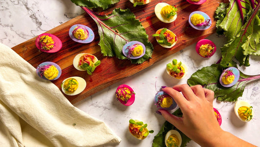 Deviled eggs on a serving board